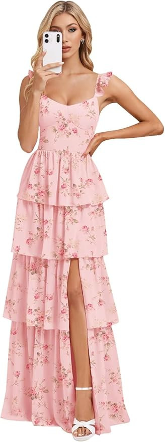 Tiered Ruffle Bridesmaid Dresses for Women 2025 Long Chiffon Formal Evening Dress with Slit | Amazon (US)