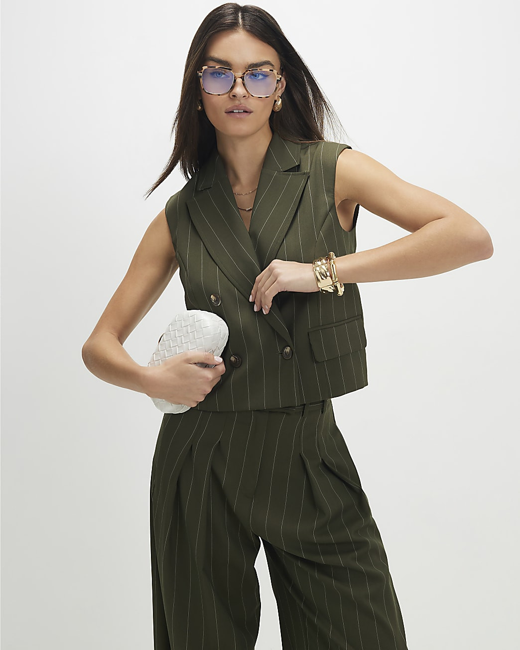 Green Boxy Pinstripe Waistcoat | River Island UK & IE