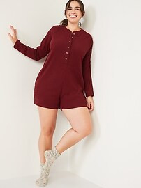 Long-Sleeve Ribbed Button-Down Lounge Romper for Women -- 3-inch inseam | Old Navy (US)