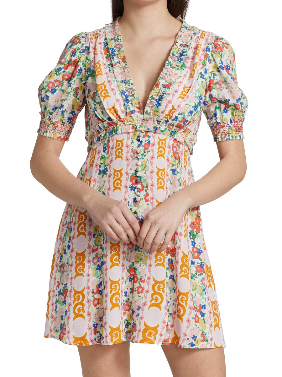 Saloni Women's Lea Puff-Sleeve Floral-Striped Minidress - Pink Multicolor - Size 10 | Saks Fifth Avenue OFF 5TH
