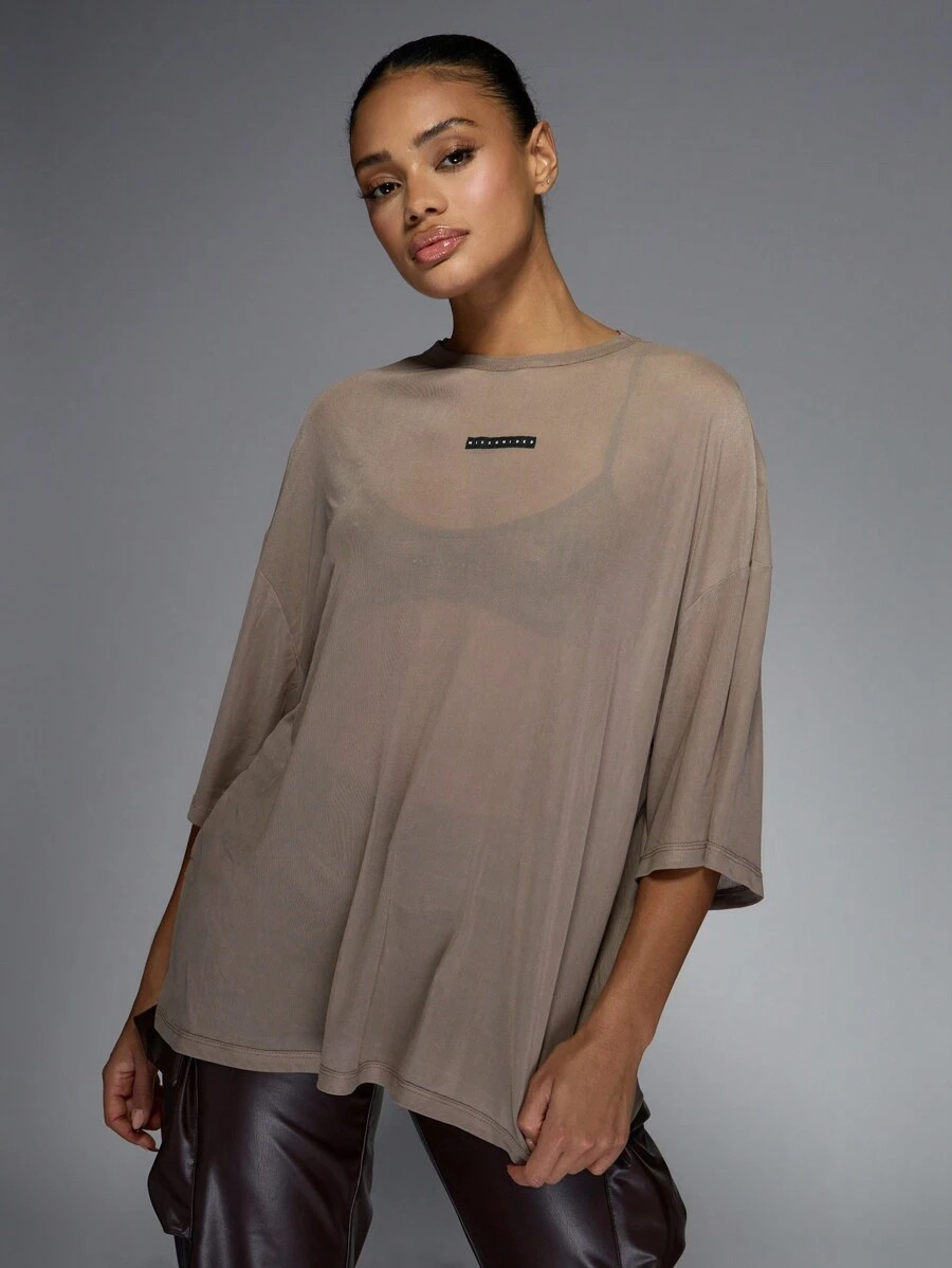 MISSGUIDED Oversized Mesh Semi Sheer Long T Shirt Tunic Top Half Sleeve Logo Label Contemporary S... | SHEIN