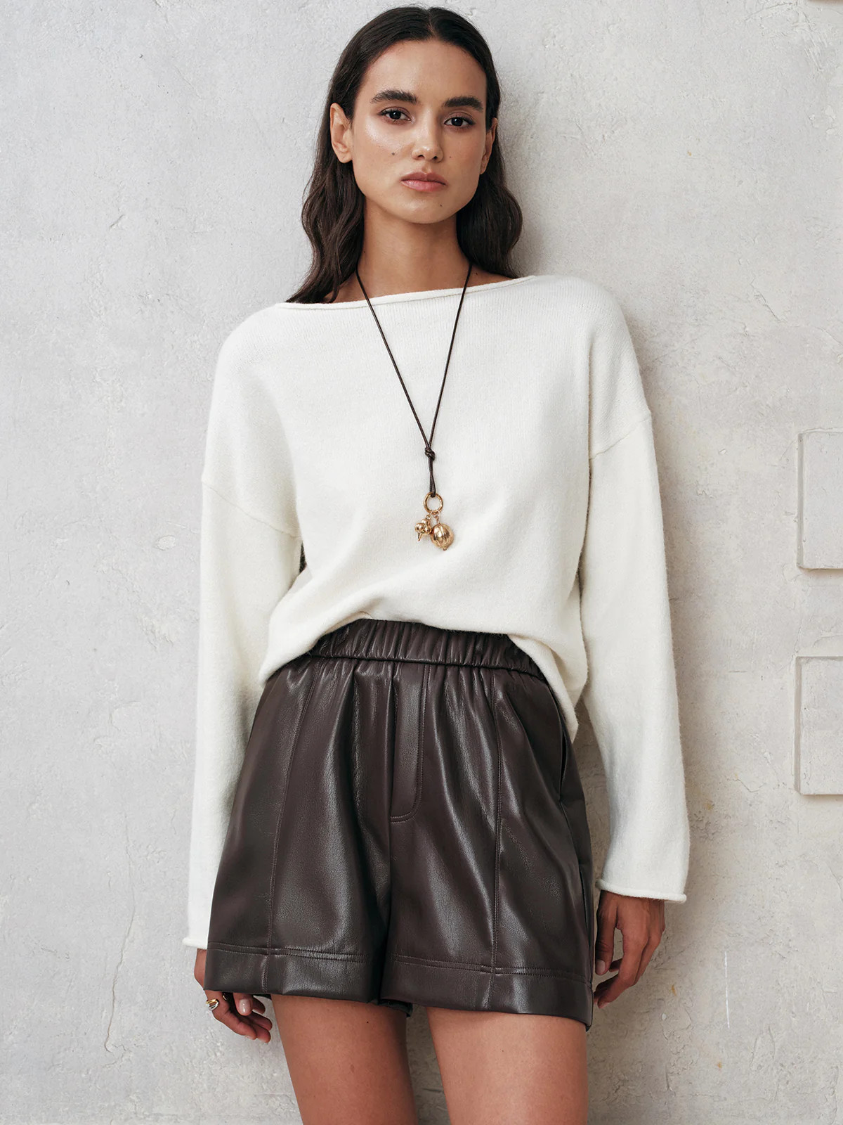 Elastic Waistband Faux Leather Shorts | Commense