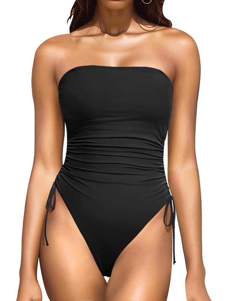 Yonique Women Strapless One Piece Swimsuit Tummy Control Bandeau Bathing Suit Cheeky Swimwear | Amazon (US)