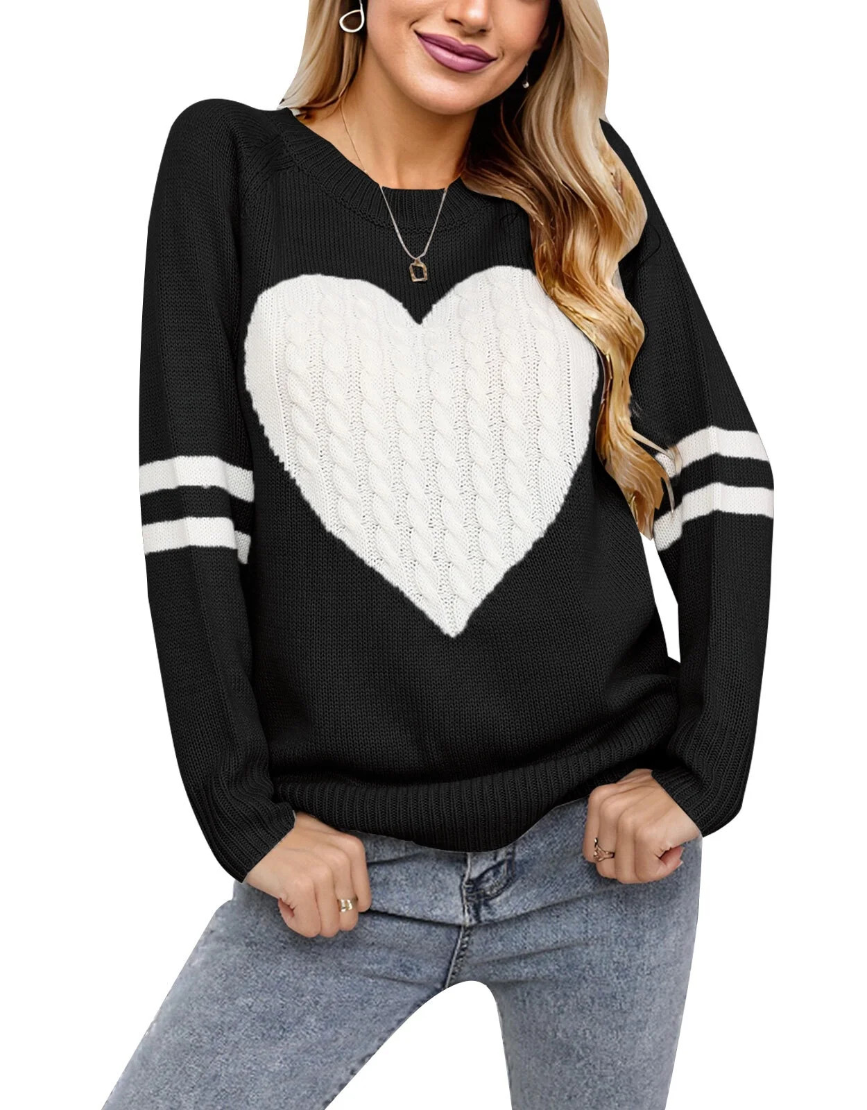 Striped Sweaters for Women Valentine's Day Cute Heart Print Crewneck Long Sleeve Knitted Sweaters... | Walmart (US)