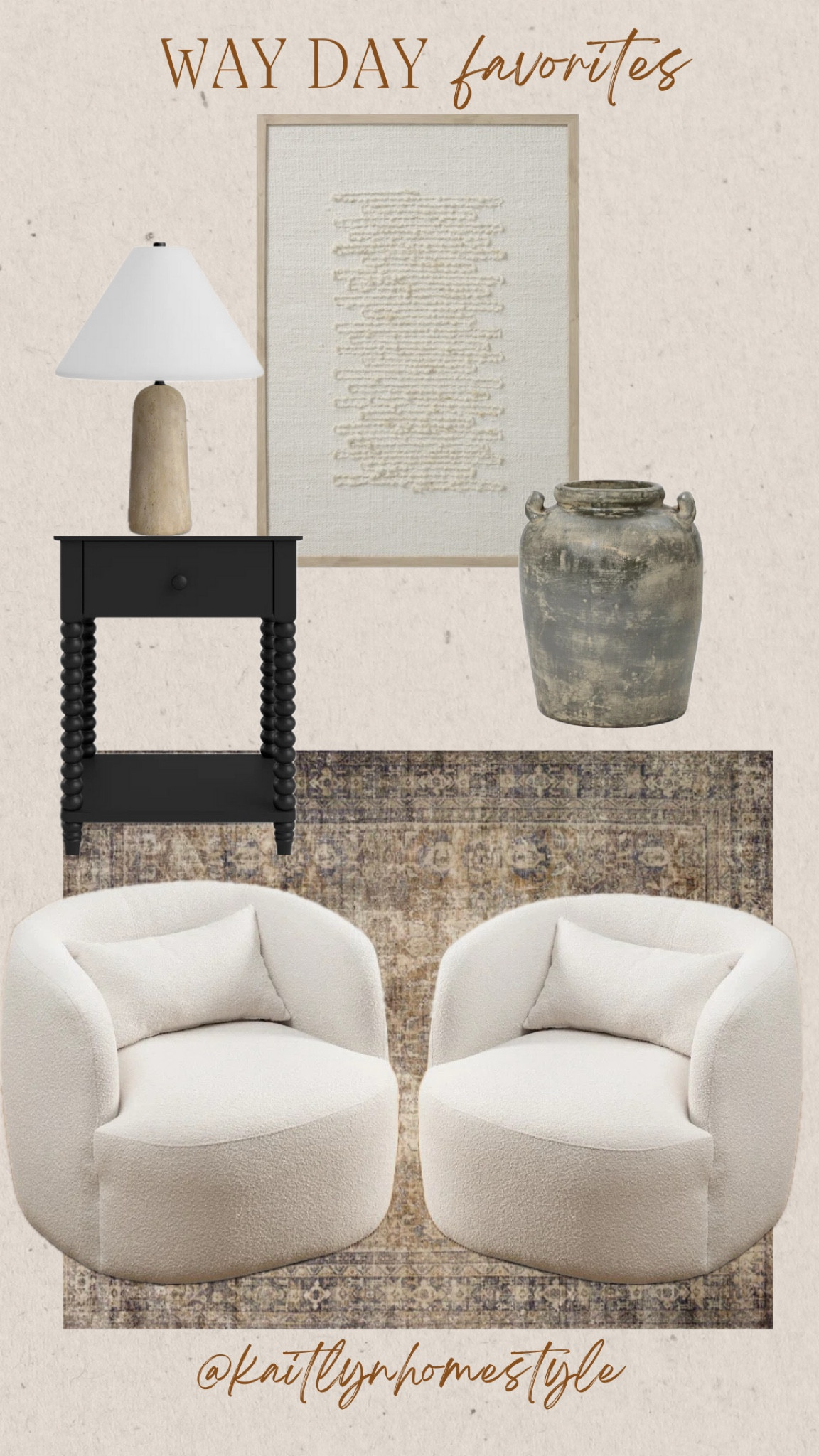 Some of my favorite home items during Wayfair Way Day sales. I have two of these swivel chairs and I love them. Super comfortable, beautiful and very affordable. The other items are part of my wish list. Side table, nightstand, organic vase, textured wall art, area rug, boucle swivel chairs, accent chairs  

#LTKSaleAlert #LTKU #LTKHome