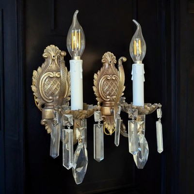 Vintage Antique Pair French Brass Crystal 1 Light Sconces Wall Lights | eBay US