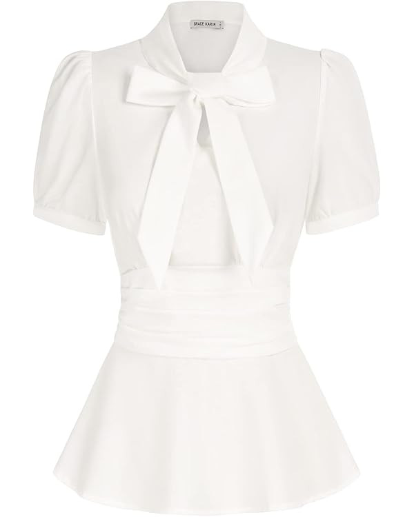 GRACE KARIN Women's Office Bow Tie Blouse Puff Sleeve Peplum Dressy Shirt Smocked Waist | Amazon (US)