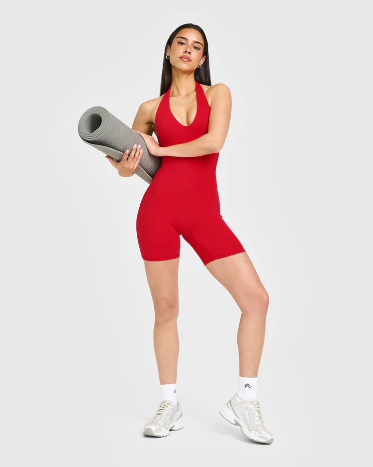 SoftMotion\u2122 Halter Neck All In One Short with White Logo 
 Fiery Red | Oner Active (UK / US)