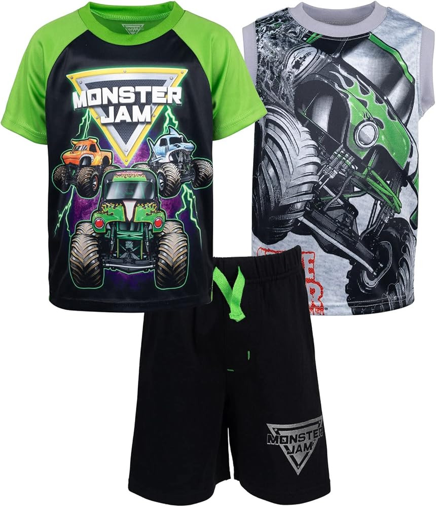 Monster Jam Trucks 3 Piece Outfit Set: T-Shirt Tank Top French Terry Shorts | Amazon (US)