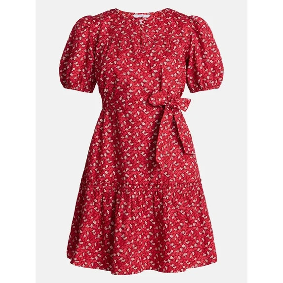 Time and Tru Women's and Women's Plus Cotton Mini Dress with Puff Sleeves, Sizes XS-4X | Walmart (US)