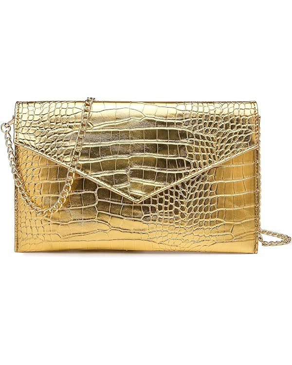Women Envelope Clutch Purse Handbag, Metallic Leather Crossbody Shoulder Foldover Evening Bag For... | Amazon (US)