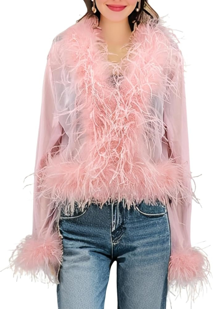 LVCOMEFF Real Ostrich Feather Trim Mesh Crop Top See-Through Black Sheer Shirt Jacket Clubwear Y2... | Amazon (US)