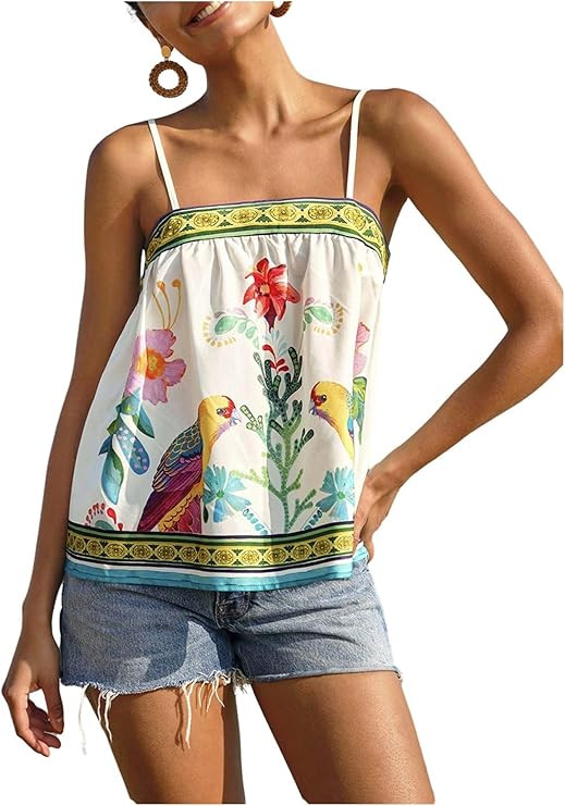 Women's Tropical Floral Print Cami Top Spaghetti Strap Boho Vacation Summer Tops Camisole | Amazon (US)