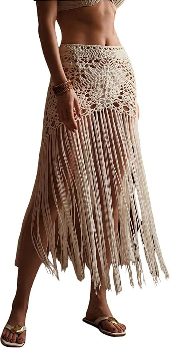 SHENHE Women's Crochet Swimsuit Coverups Tassel Long Fringe Skirt Beach Swim Cover Up | Amazon (US)