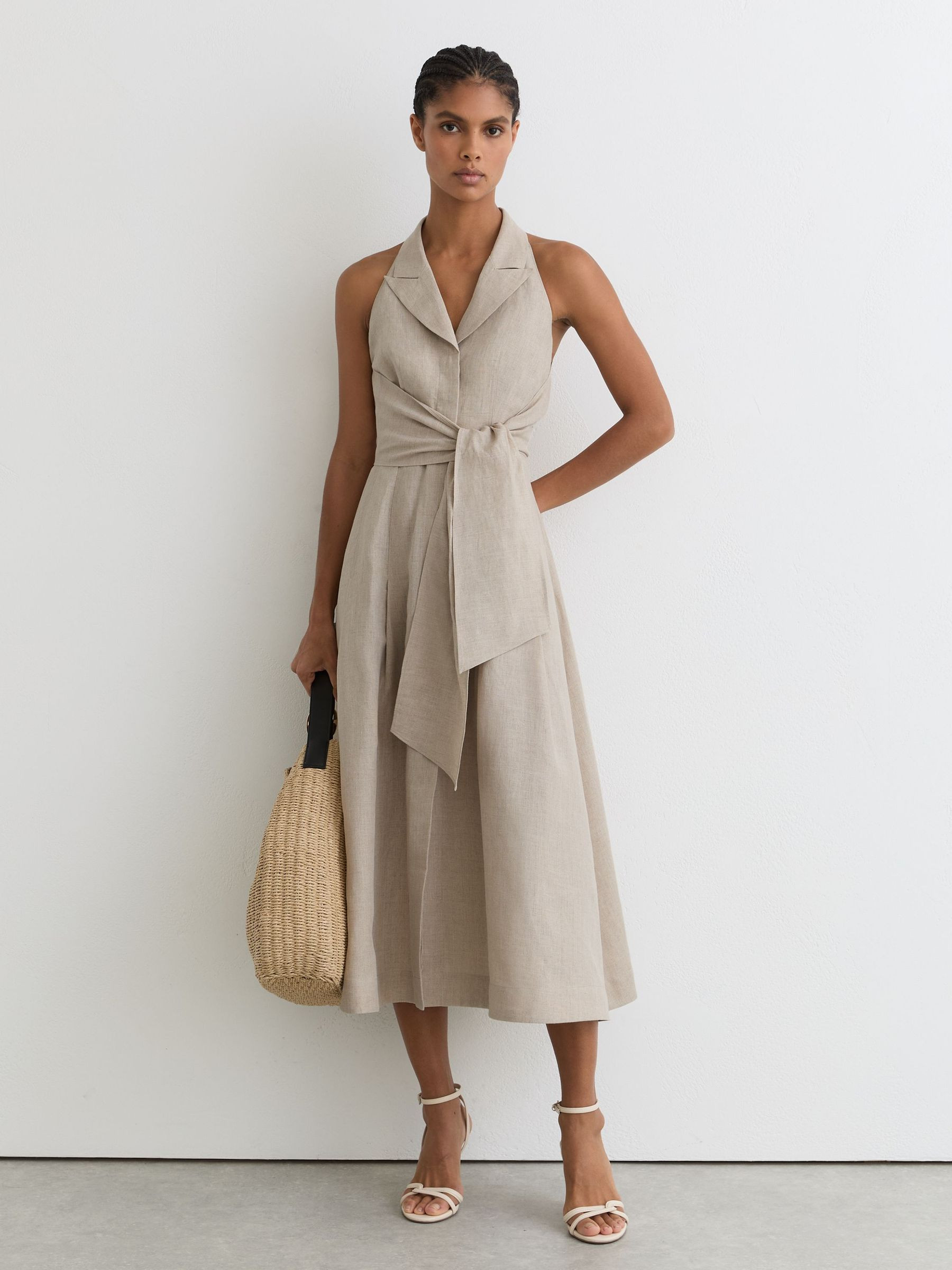 Petite Linen Tie-Waist Tailored Midi Dress in Neutral | Reiss US
