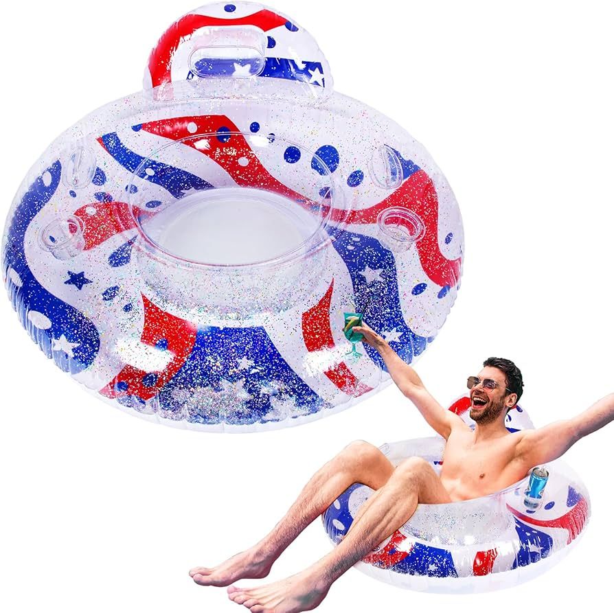 Lewtemi 53 Inch Patriotic Inflatable Glitter Pool Float Chair with Cup Holder River Tube Pool Flo... | Amazon (US)