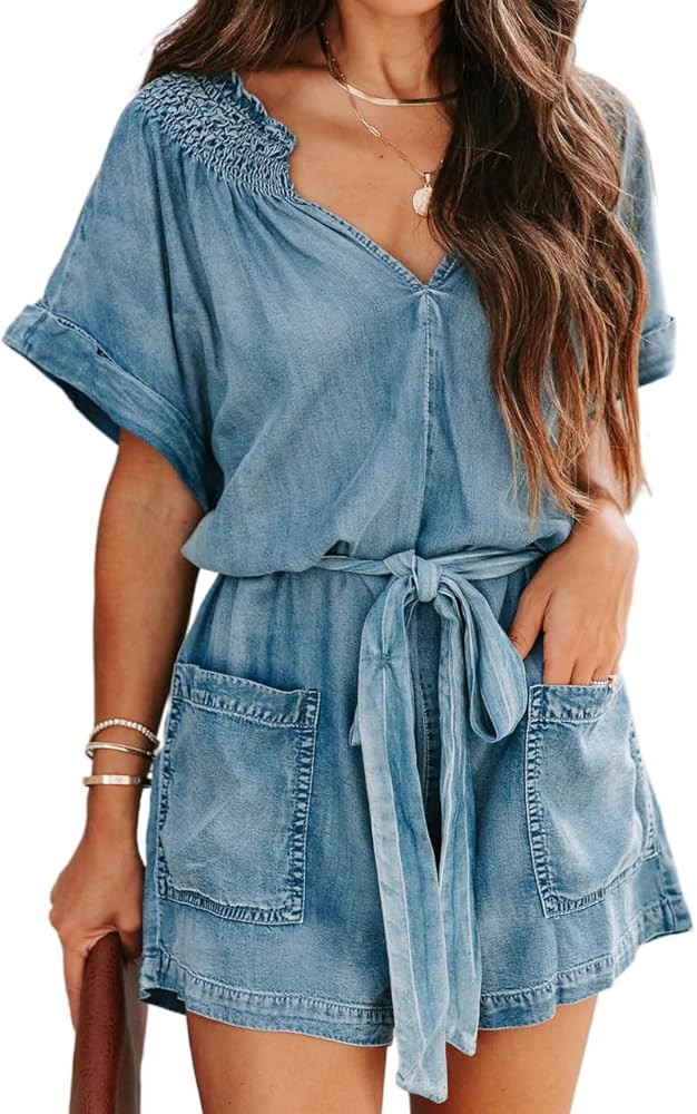 Womens Ruffle Denim Romper Summer Short Sleeve V Neck Belted Jean Overall Shorts Romper With Pock... | Amazon (US)