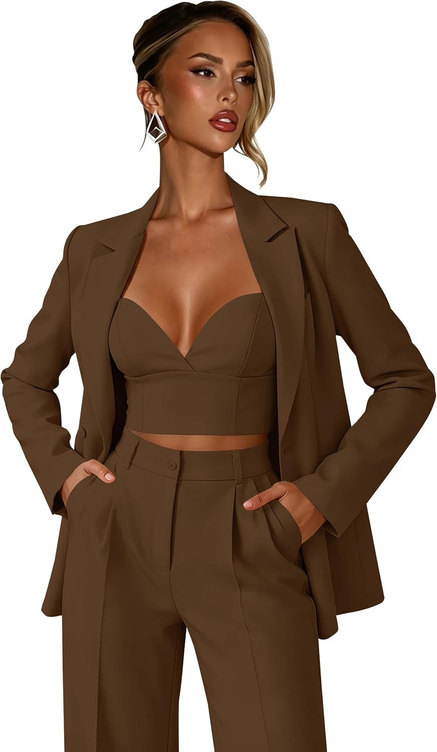 Womens 3 Piece Suit for Business Womens Slim Fit Pantsuits Double Breasted Peak Lapel Suit Formal Office Work Pants Set | Amazon (US)