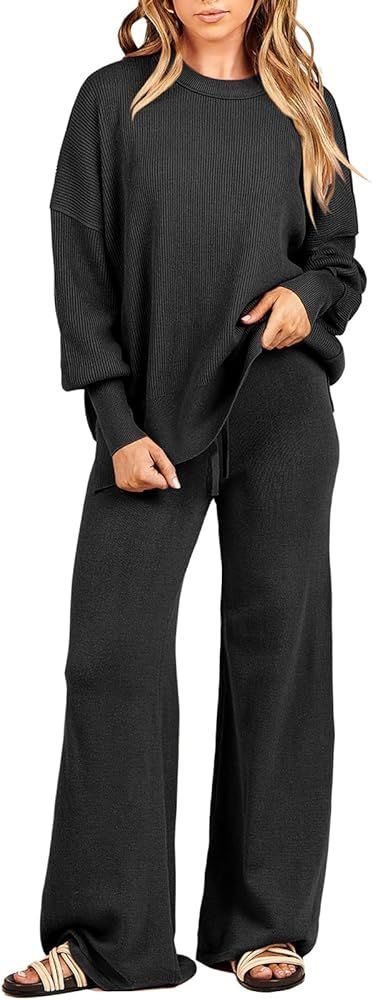 ANRABESS Women 2 Piece Outfits Oversized Chunky Knit Sweater Top Wide Leg Pants 2024 Fall Lounge ... | Amazon (US)