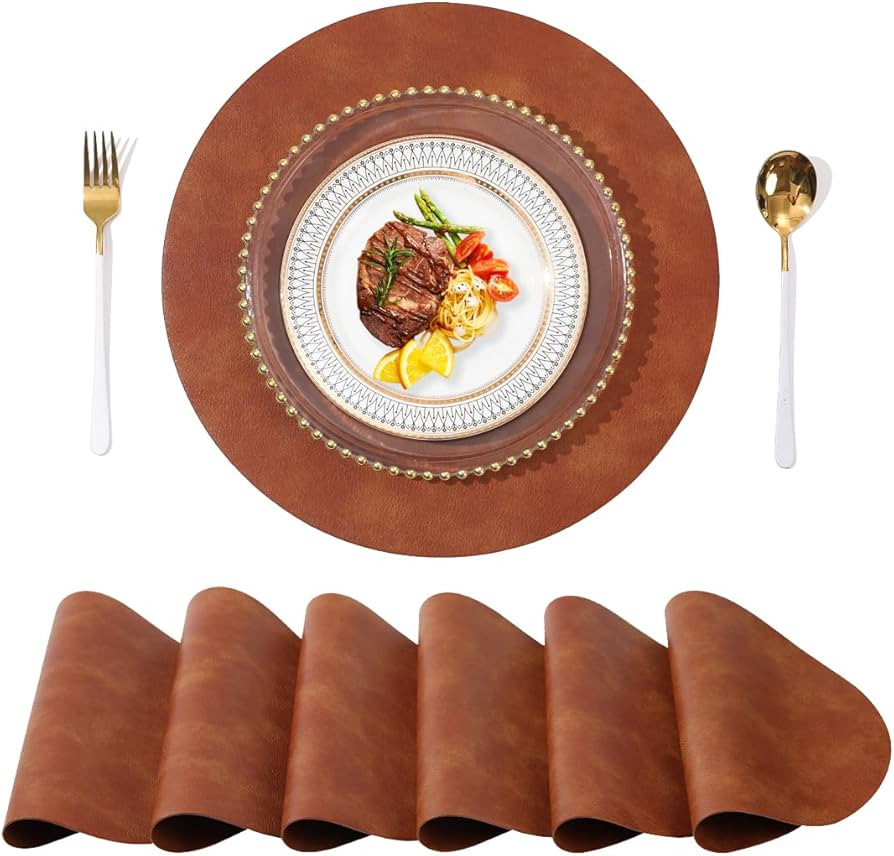 UnivoColors PU Leather Placemats Set of 6,15" Round Washed Cowhide Pattern Table Mats for Dining ... | Amazon (US)