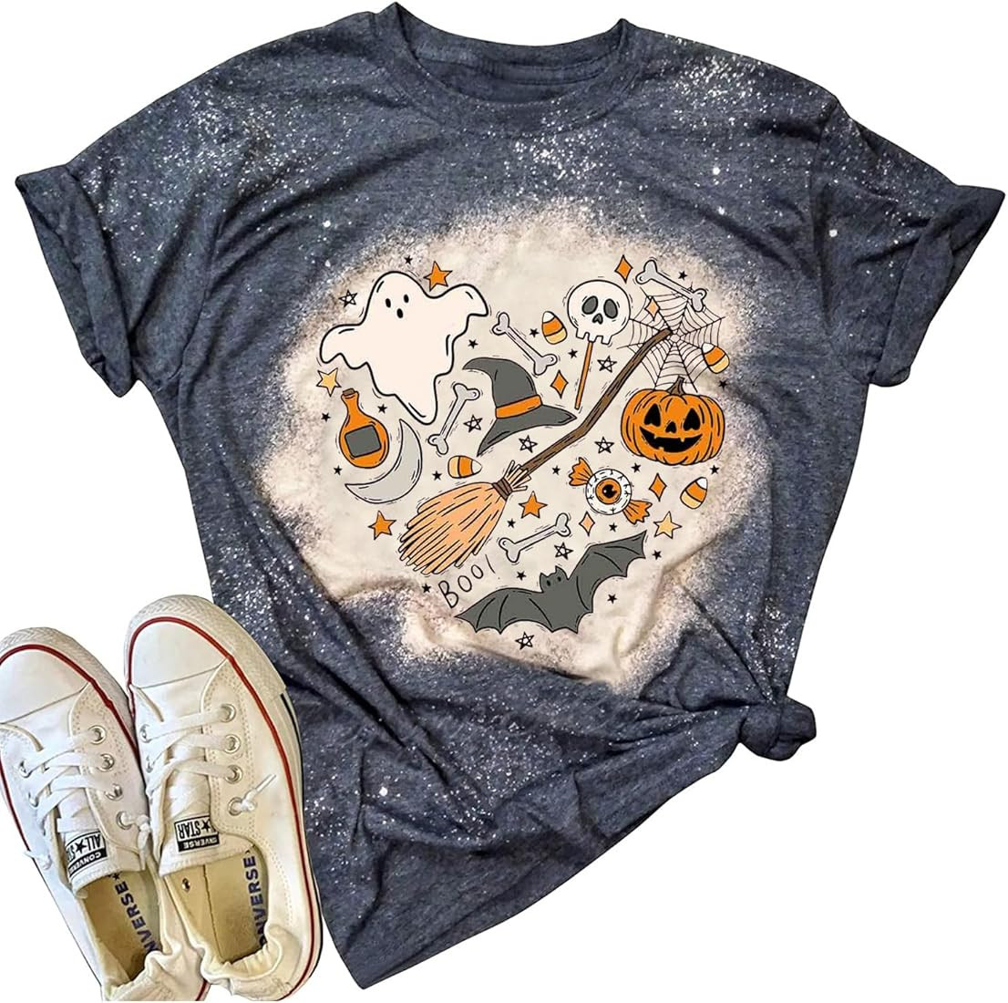 Halloween Doodles Shirt for Women Cute Vintage Graphic Halloween Party Tshirt Short Sleeve Fall S... | Amazon (US)