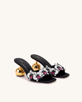 Celia Orchid Embroidered Sphere Heel Mules - Black | JW PEI US