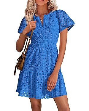 PRETTYGARDEN Women's 2026 Summer Mini Dress Short Sleeve V Neck A Line Hollow Out Lace Ruffle Cut... | Amazon (CA)