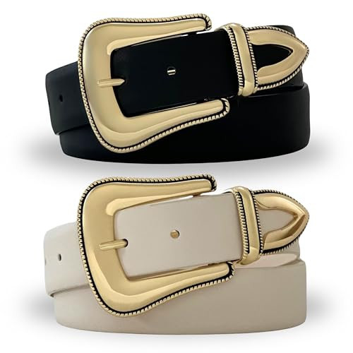 Citrusy Boutique 2-Pack | Country Western Fashion Cowgirl Belts for Women | Cute Chunky Gold Western Belt Buckle | Cream and Black PU Leather Belts (Size XL-2XL) | Amazon (US)