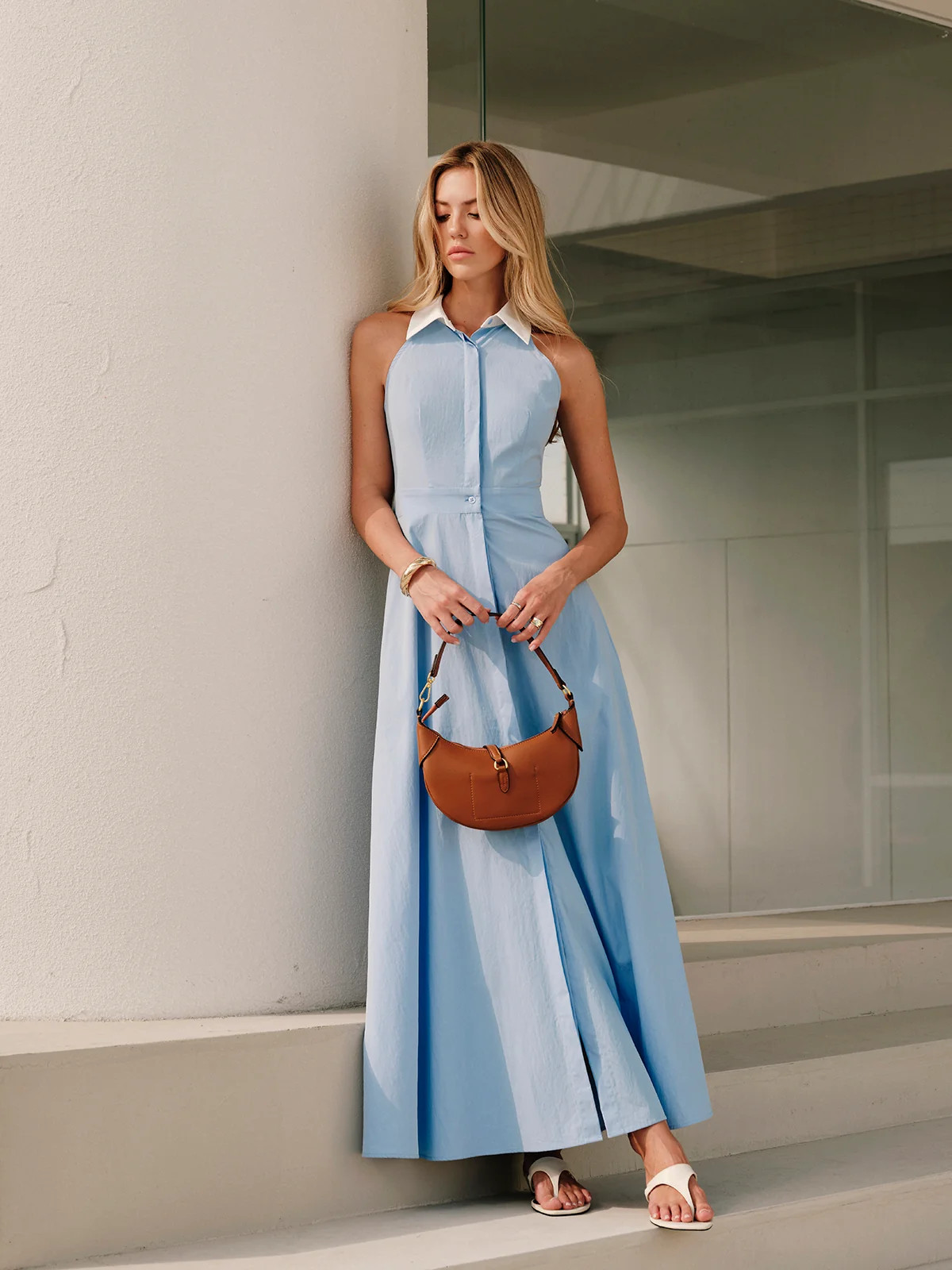 Button Sleeveless Collar Dress | Commense