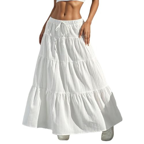 HOUZONIY White Womens Maxi Skirt Flowy Elastic Waist Tiered Pleated A Line Summer Boho Wedding Cute Pull On Long Skirts | Amazon (US)