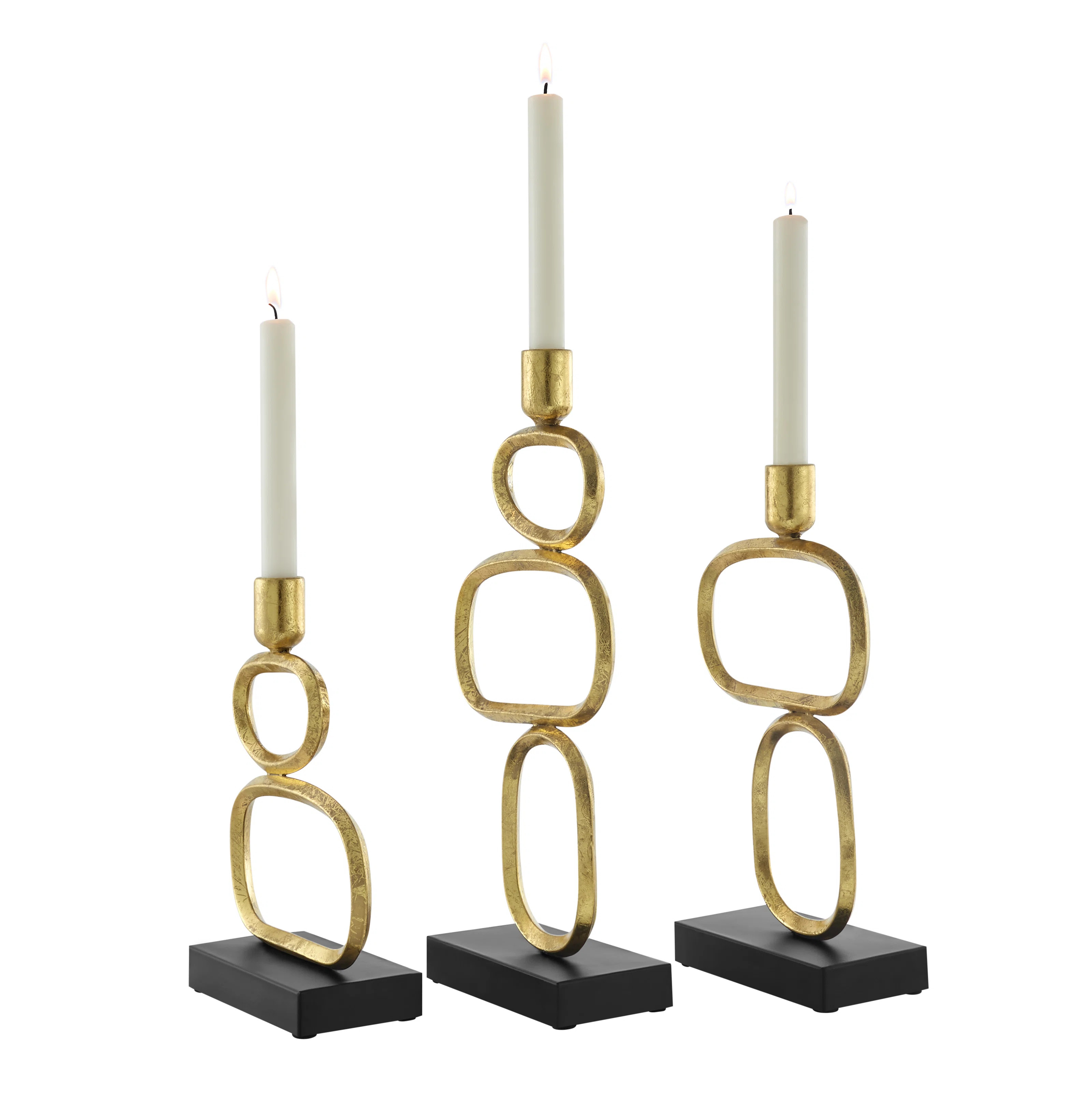 Eduardo Midcentury Modern Geometric Sculpted Gold And Black Candlestick Candle Holders - Set Of 3 | Wayfair North America