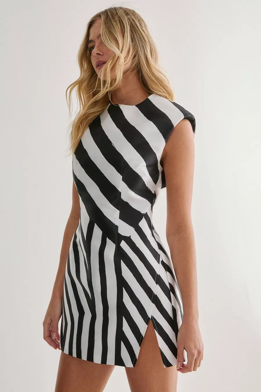 Abstract Stripe Structured Satin Shoulder Pad Split Mini Dress | Nasty Gal US