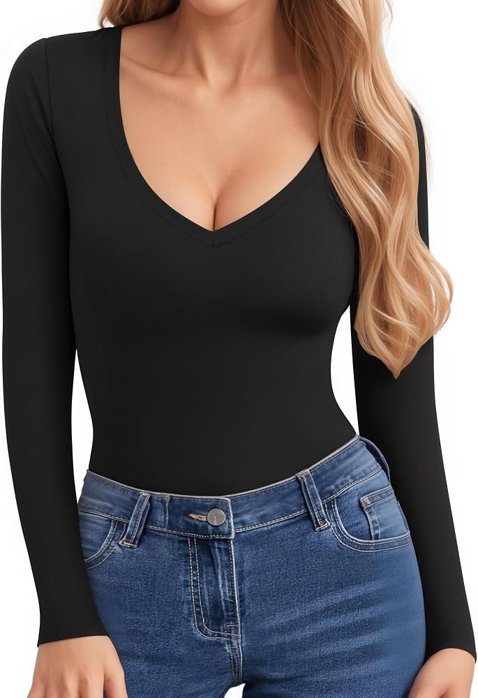 CLOZOZ V Neck Tops Sexy Shirts for Women Fitted Tight T Shirts Basic Tee | Amazon (US)
