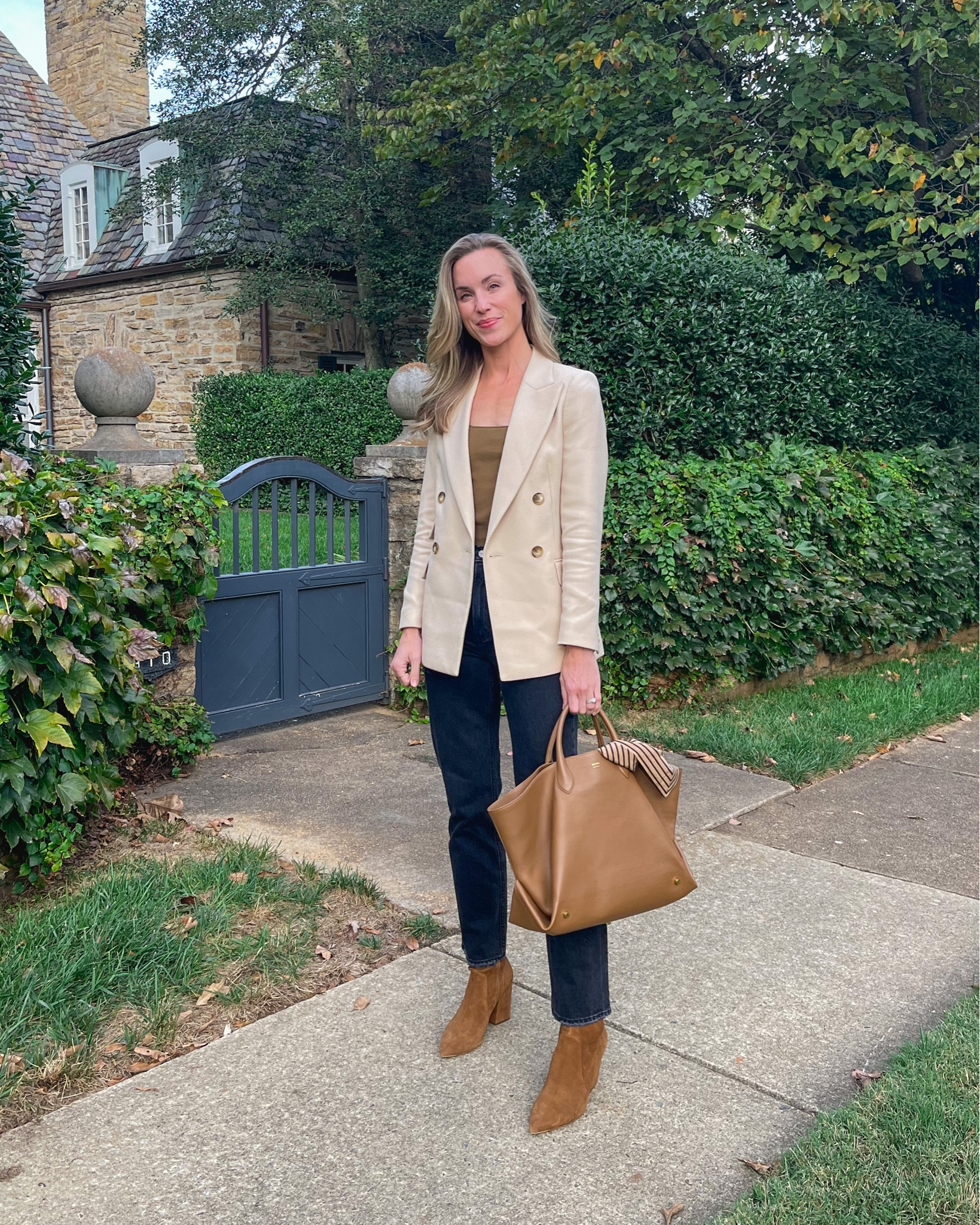 Daily look wearing Reiss blazer, Vince tank, Abercrombie jeans (old, similar linked), KHAITE tote, Loeffler Randall booties. Similar, less expensive options to recreate the look also linked. 

#LTKstyletip #LTKSeasonal #LTKunder100