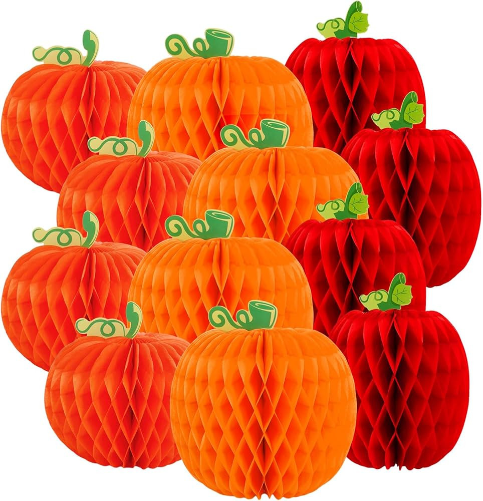 Whaline 12Pcs Fall Pumpkin Honeycomb Centerpiece 3 Different Shapes Pumpkin Honeycomb Decorations... | Amazon (US)