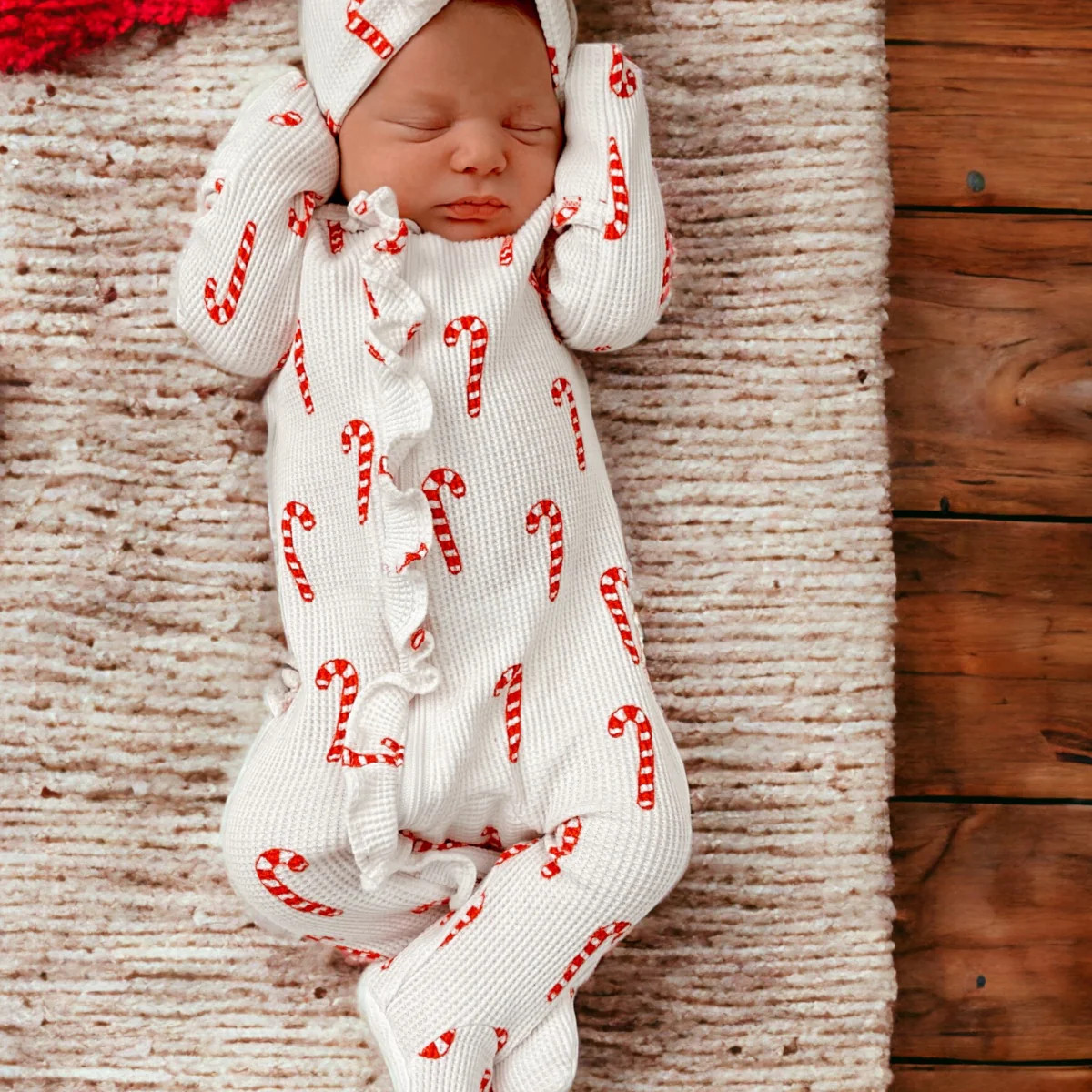 Organic Waffle Ruffle Zip Footie, Candy Cane | SpearmintLOVE