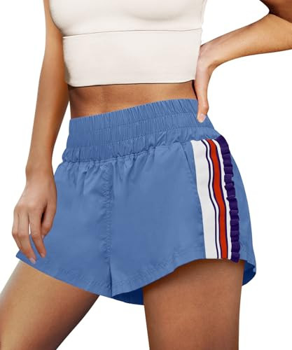 LAMISSCHE Womens Running Shorts Athletic High Waisted Biker Shorts Summer Workout Quick Dry Striped Ruffle Short(Dusty Blue,S) | Amazon (US)