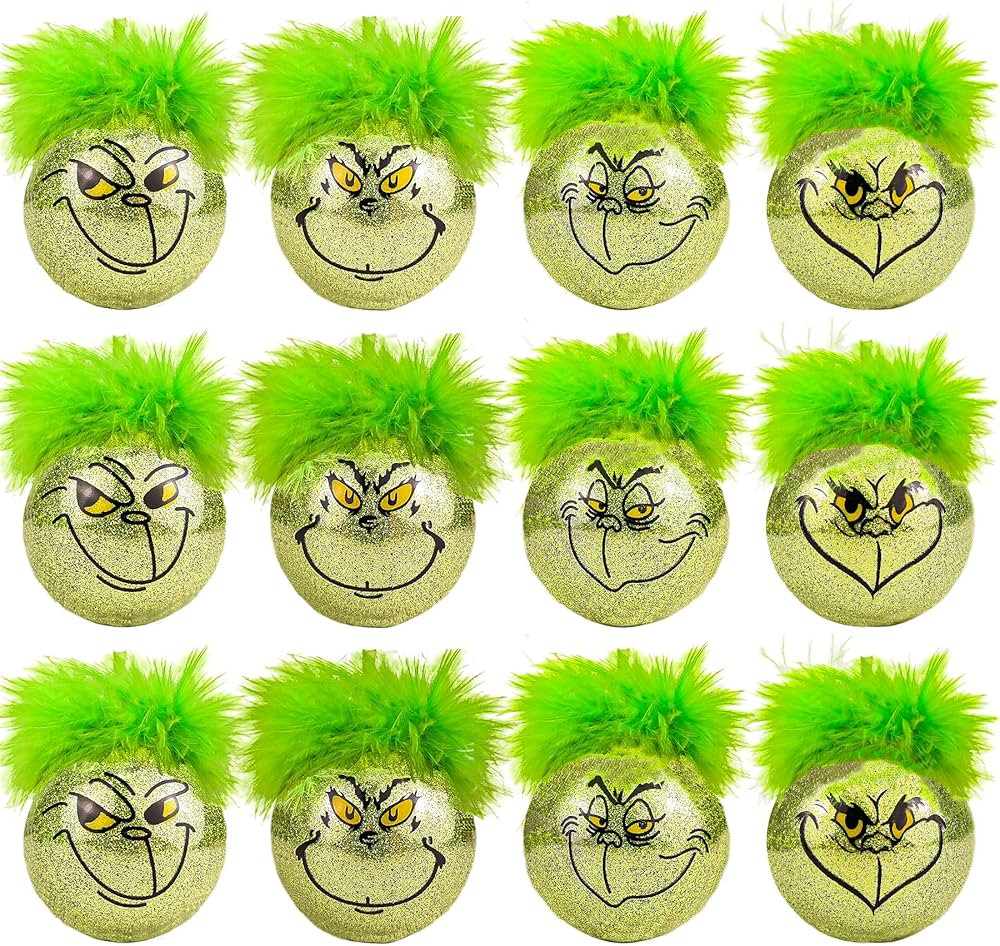 12 Pcs Christmas Ball Ornaments for Christmas Tree, Whimsical Christmas Balls with Fuzzy Green Ha... | Amazon (US)
