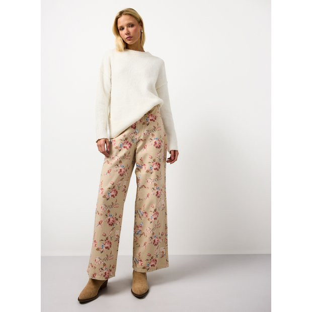Cream Floral Printed Wide Leg Co-ord Denim Jeans 16R | Tu Clothing