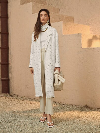 SHEIN Lapel Neck Single Button Tweed Overcoat | SHEIN