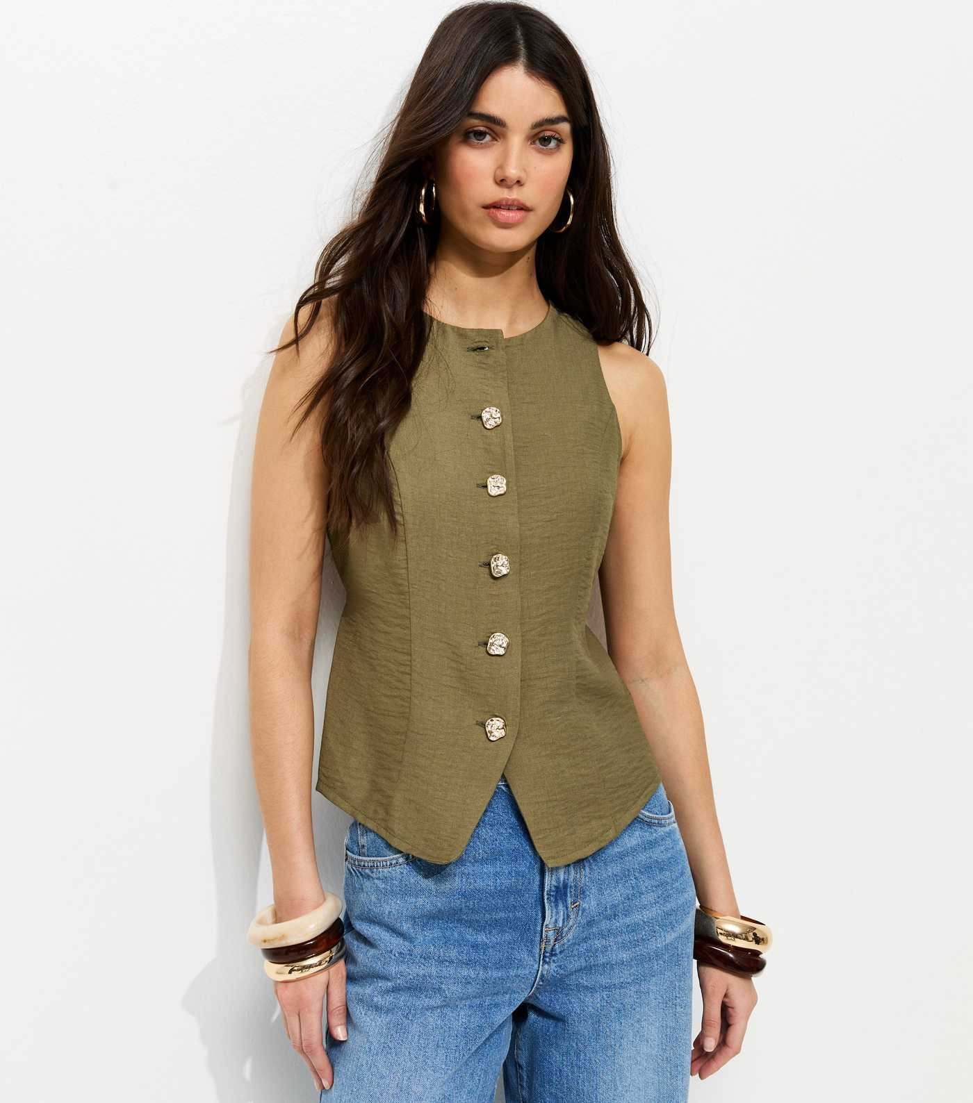 Khaki Gold Tone Textured Buttons Waistcoat | New Look | New Look (UK)