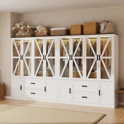 Farmhouse Closet System With Tempered Glass Doors And Adjustable LED Light For Walk In Closet | Wayfair North America