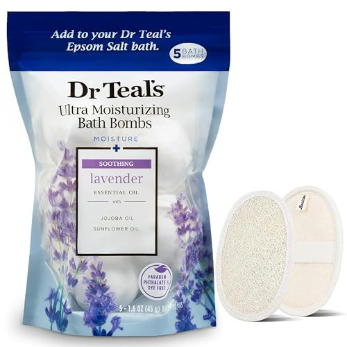 Dr.Teal's 5-Count Ultra Moisturizing Bubble Bath Bombs in Soothing Lavender with Essential Oils for Women and Men, Bonus 1 Basicos Exfoliating Loofah Pad (1) | Amazon (US)