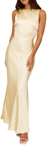 Summer Satin Maxi Dresses for Women 2025 Elegant Classy Silk Formal Sleeveless Open Back Spaghett... | Amazon (US)