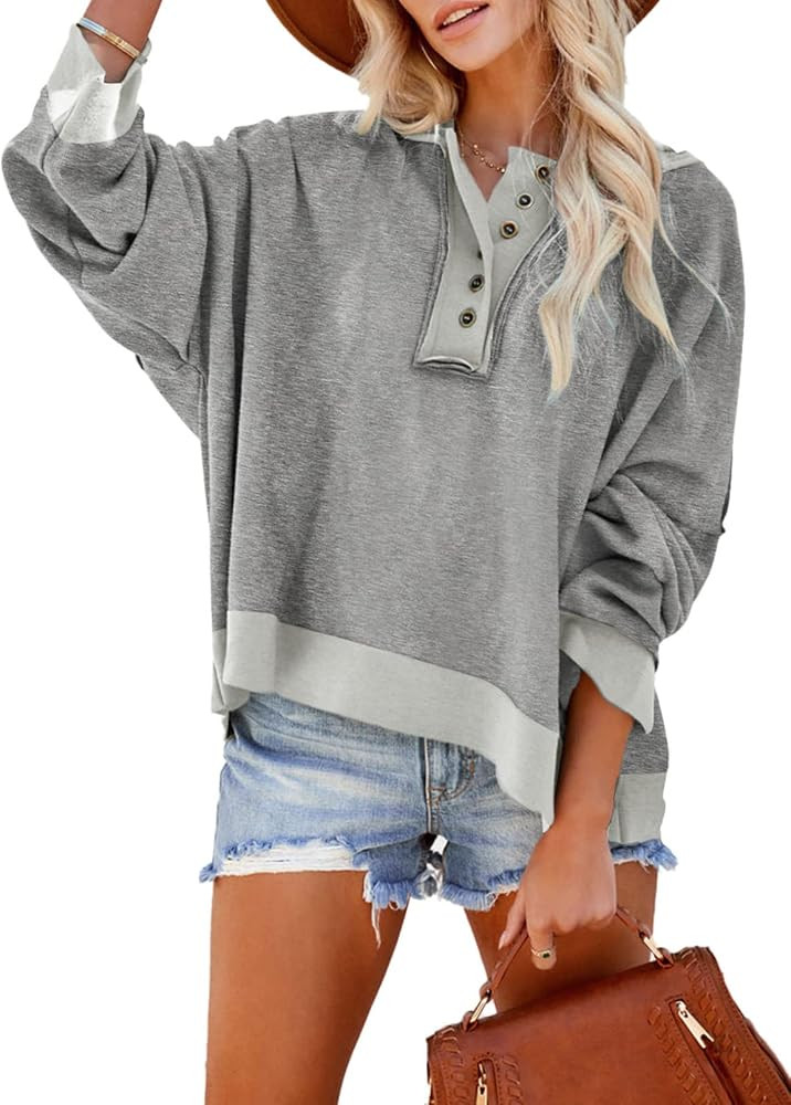 Dokotoo Hoodies for Women 2024 Fashion Fall V Neck Button Down Long Sleeve Hooded Sweatshirts Top... | Amazon (US)
