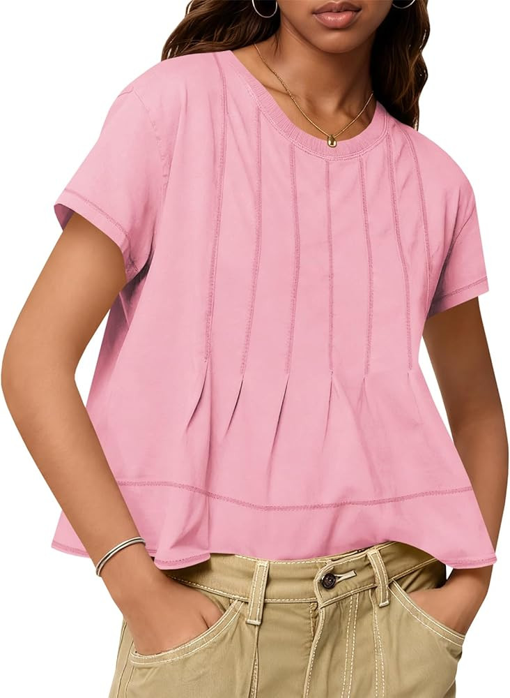Tankaneo Womens Babydoll Tops Short Sleeve Peplum Pleated Summer T-Shirts Casual Loose Fit Flowy ... | Amazon (US)