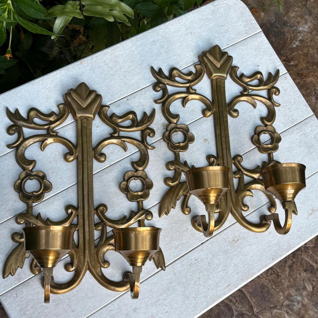 Vintage Solid Brass Candle Wall Sconces. Pair of Mid-century Brass Floral Detailed Dual Candlehol... | Etsy (US)