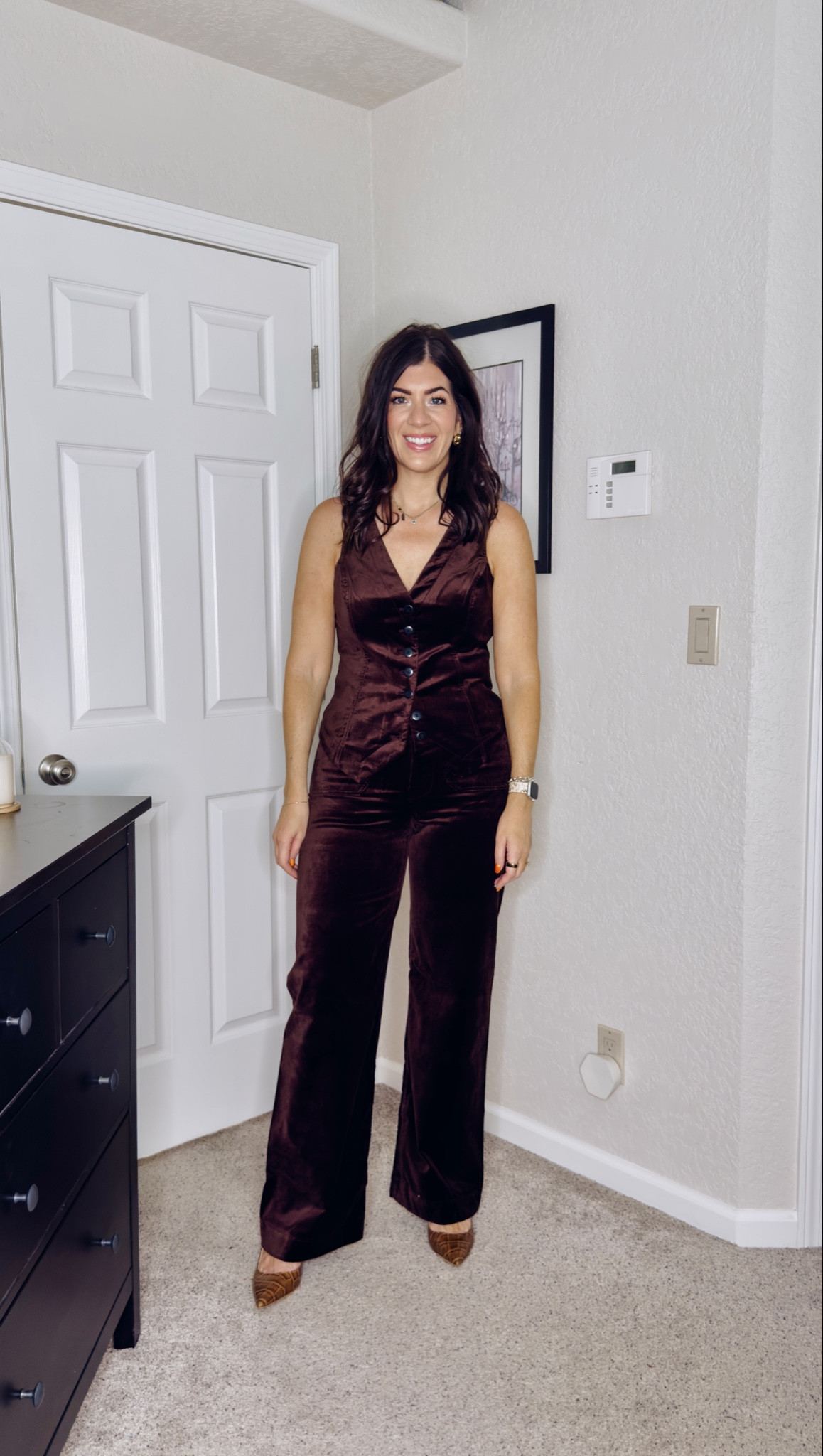 In a medium vest (need to size down, large in chest) and 29 tall espresso brown velvet pants 
10 in slingbacks 

#LTKTall #LTKSaleAlert #LTKMidsize