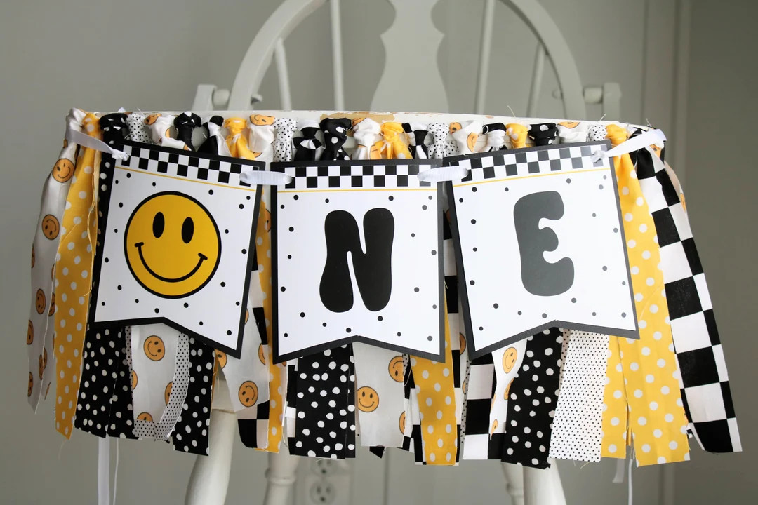 One Happy Dude High Chair Fabric Garland, Smiley Face Birthday High Chair Decoration, One Happy D... | Etsy (US)