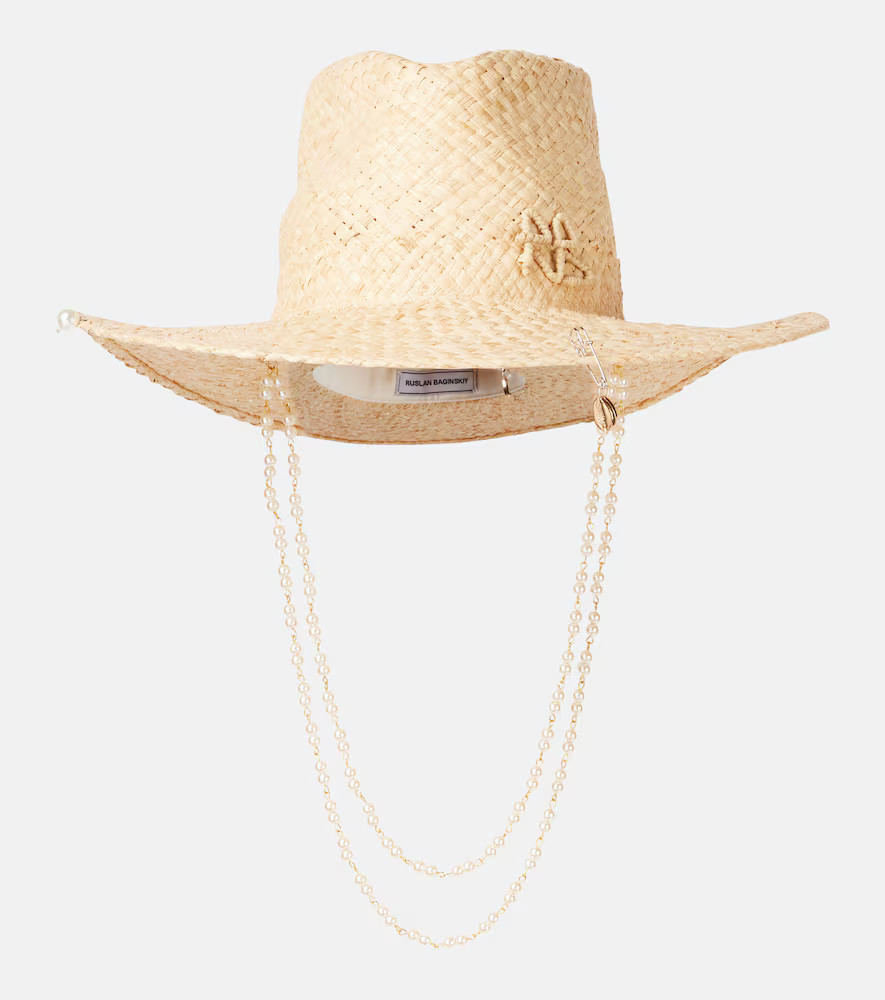 Ruslan Baginskiy Logo faux pearl-embellished straw fedora | Mytheresa (US/CA)